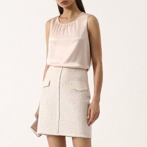 St John Boucle Metallic Knit Pencil Skirt Fringe Hem Pink Size 2 Quiet Luxury